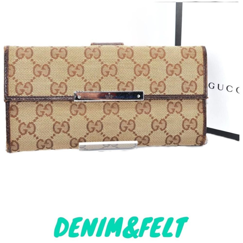 Gucci GG Monogram Canvas Long Wallet Brown Leather Trim Vintage Logo Bar - Picture 1 of 11
